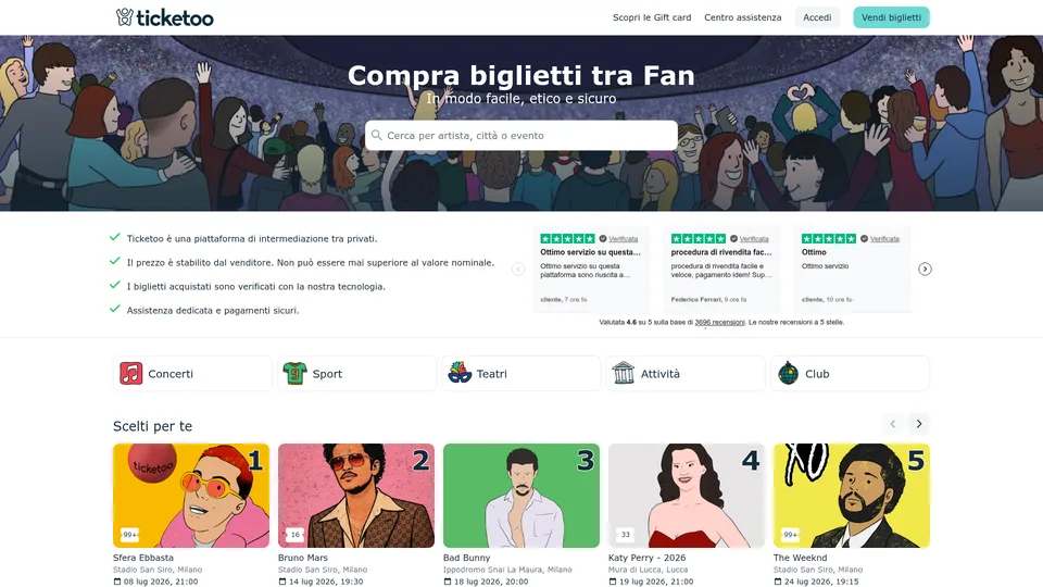 Schermata di Ticketoo, marketplace di biglietti per eventi